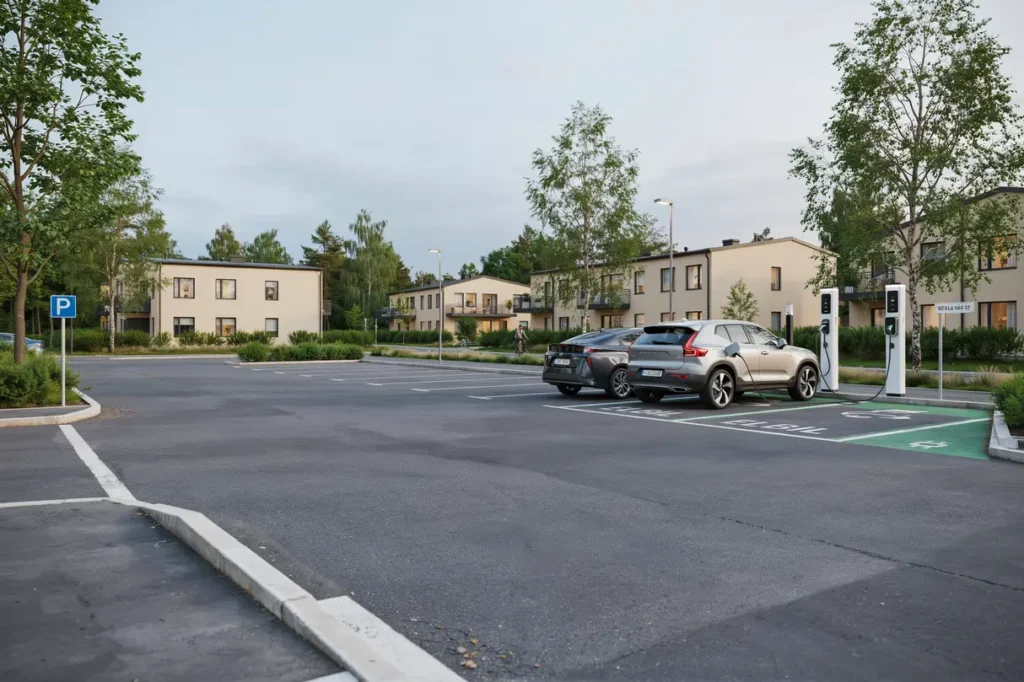utbyggnad av parkeringsplats med laddplatser och belysning i sickla nacka